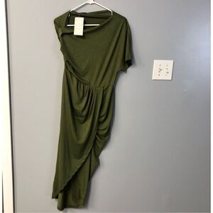 BTFBM Women Olive Green One Shoulder Ruched Midi Dress Asymmetric Hem Size M NWT